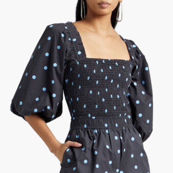 Ganni Tops - Ganni Shirred Smocked Ruffle Trimmed Polka Dot Cotton Poplin Top